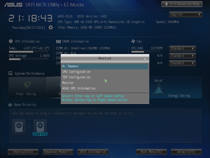 ASUS A88X-PLUS Shortcut
