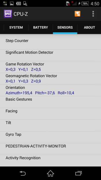  Sony Xperia Z2 system information: sensors 