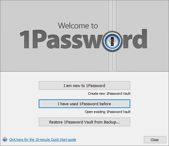  Начальное окно настройки 1Password 