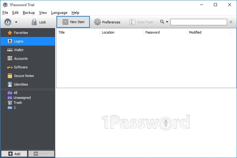  Рабочее окно 1Password 