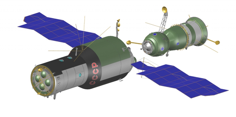  Стыковка корабля &laquo;Союз-15&raquo; со станцией &laquo;Салют-3&raquo; (&laquo;Алмаз&raquo;) не удалась из-за отказа системы сближения транспортного корабля. Графика А. Шлядинского 