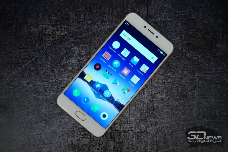  Meizu MX6, фронтальная панель: под экраном кнопка &laquo;Домой&raquo; со сканером отпечатков пальцев, над экраном &ndash; разговорный динамик, фронтальная камера и датчик освещенности 