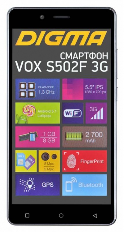  Digma VOX S502F 3G &ndash; официальное фото с перечнем основных характеристик устройства 